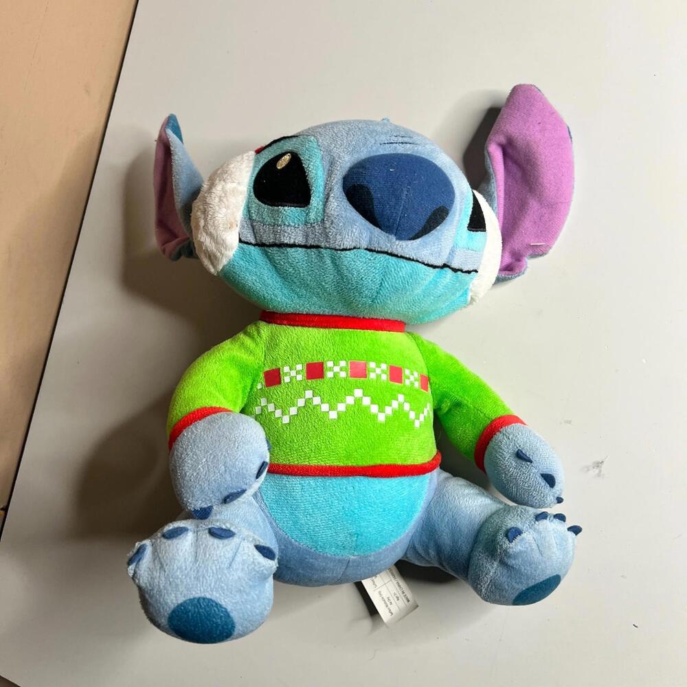 Disney Stitch Plush Toy Green Sweater Stuffed‎ Animal Just Play Holiday 10"
